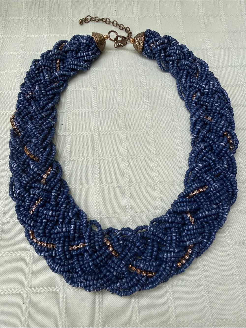Vintage Handwoven Navy Blue Seed Bead Statement Necklace